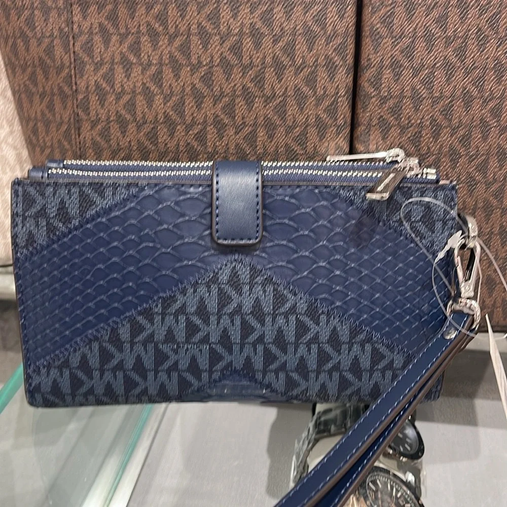 MICHAEL KORS JST LG DOUBLE ZIP WRISTLET WALLET PHONE HOLDER Navy Multi NWT